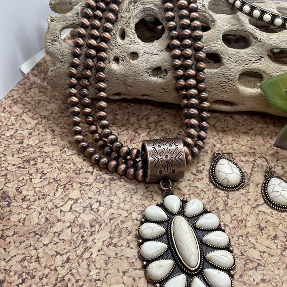 Western SQUASH BLOSSOM COPPER BUFFALO NECKLACE EARRING SOUTHWEST Set Bracelet Ne - Picture 3 of 16